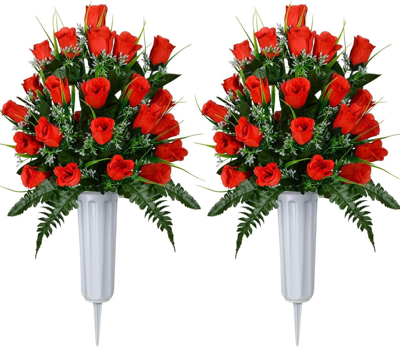 2 Sets Artificial Cemetery Rose Bouquets with Vase – Memorial Grave Decorations for Lasting Tribute